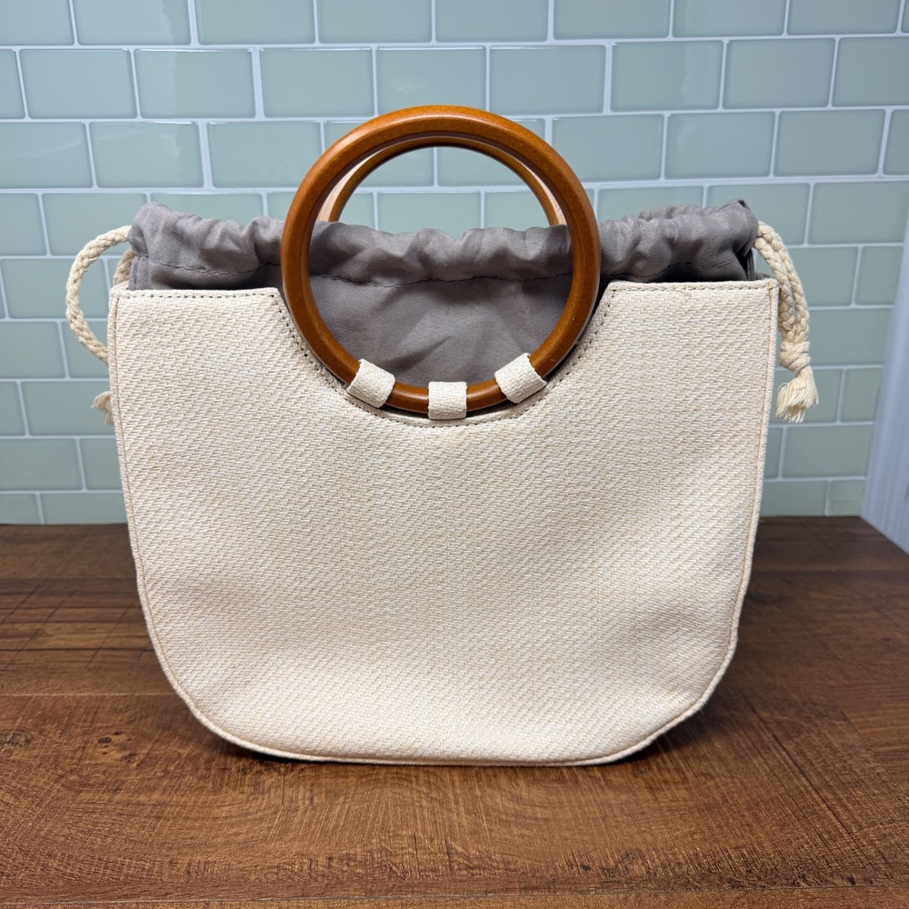 Boho Woven Versatile Straw Satchel/Hand/Shoulder Bag Wood Ring Handles - Picture 10 of 16
